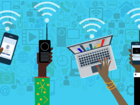 Illustration of three hands holding devices: a smartphone, a walkie-talkie, and a laptop, each emitting a Wi-Fi signal. The background is filled with digital icons including social media, email, and multimedia, symbolizing connectivity and communication.