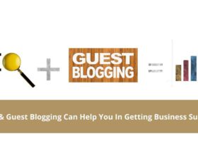 Image showing the equation "SEO + Guest Blogging = Business Success." 'SEO' is accompanied by a magnifying glass, 'Guest Blogging' is displayed on a wooden background, and 'Business Success' is illustrated with increasing bar charts. A caption reads, "SEO & Guest Blogging Can Help You In Getting Business Success.