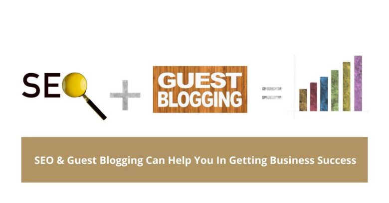 Image showing the equation "SEO + Guest Blogging = Business Success." 'SEO' is accompanied by a magnifying glass, 'Guest Blogging' is displayed on a wooden background, and 'Business Success' is illustrated with increasing bar charts. A caption reads, "SEO & Guest Blogging Can Help You In Getting Business Success.