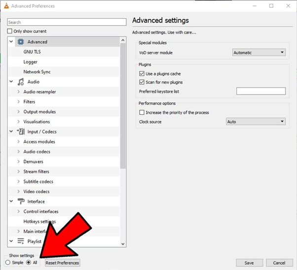 Advanced Preferences window
