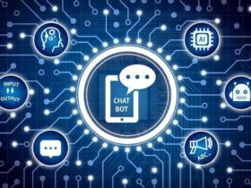 Chat bot future marketing technology concept. Electric circuit graphic and infographic of chatbot , robot , artificial intelligence , operator gear icons