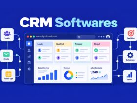 CRM software concept showing customer management, sales pipeline and business analytics.