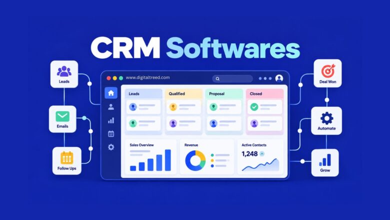 CRM software concept showing customer management, sales pipeline and business analytics.