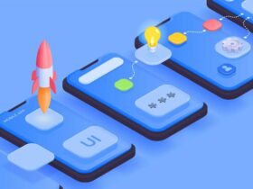 mobile app development isometric background with composition of smartphone screens with 3d app icons