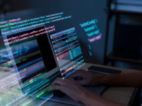 programming background with person working with codes on computer