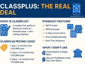 Classplus platform review infographic showing key features like selling courses, offline access, in-app course store, auto-graded quizzes, real-time analytics, 2025 pricing plans, and drawbacks such as limited customization and app publishing restrictions.