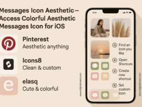 Guide to customizing iOS Messages app icon using aesthetic icons from Pinterest, Icons8, and elasq. Includes steps with iPhone screen showing example icons and Shortcuts app instructions for setting custom icons in different color themes.