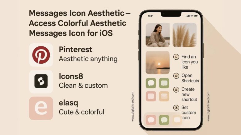Guide to customizing iOS Messages app icon using aesthetic icons from Pinterest, Icons8, and elasq. Includes steps with iPhone screen showing example icons and Shortcuts app instructions for setting custom icons in different color themes.