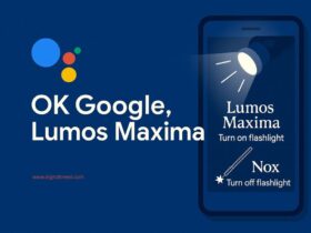 Illustration of a smartphone with Google Assistant responding to Harry Potter spells "Lumos Maxima" and "Nox" to turn flashlight on and off, with minimal text and magic-themed icons.