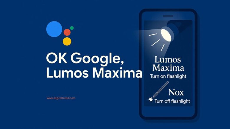 Illustration of a smartphone with Google Assistant responding to Harry Potter spells "Lumos Maxima" and "Nox" to turn flashlight on and off, with minimal text and magic-themed icons.