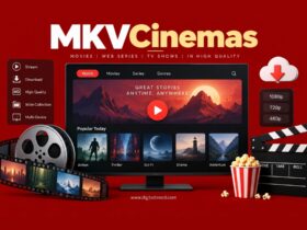 MKVCinemas concept showing an online cinema interface, movie catalog and digital streaming elements.