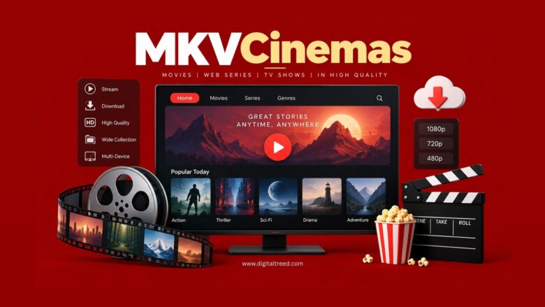 MKVCinemas concept showing an online cinema interface, movie catalog and digital streaming elements.