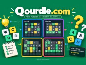 Qourdle.com word puzzle concept featuring four interconnected word grids and letter tiles.
