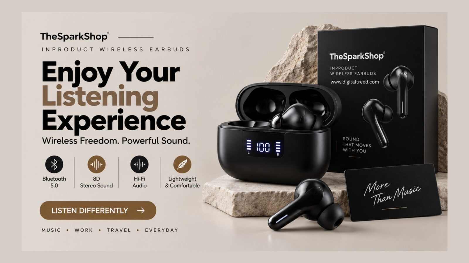 TheSparkShop InProduct wireless earbuds with charging case, Bluetooth 5.0, 8D stereo sound, and Hi-Fi audio features.
