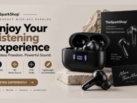 TheSparkShop InProduct wireless earbuds with charging case, Bluetooth 5.0, 8D stereo sound, and Hi-Fi audio features.