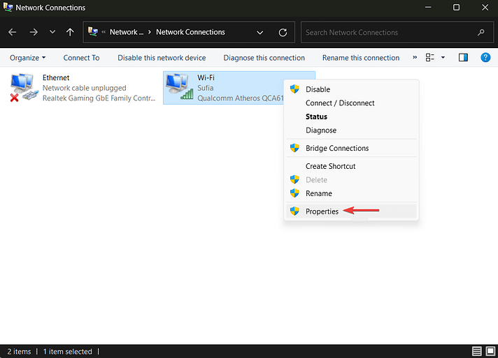opening properties in network connections
