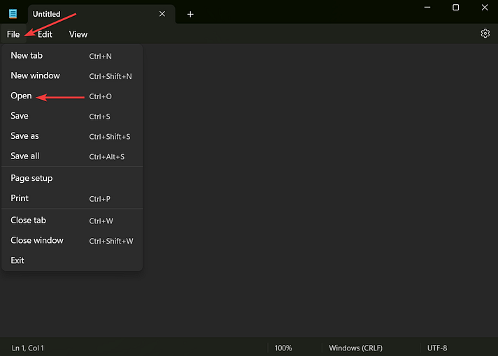 file and open option in notepad