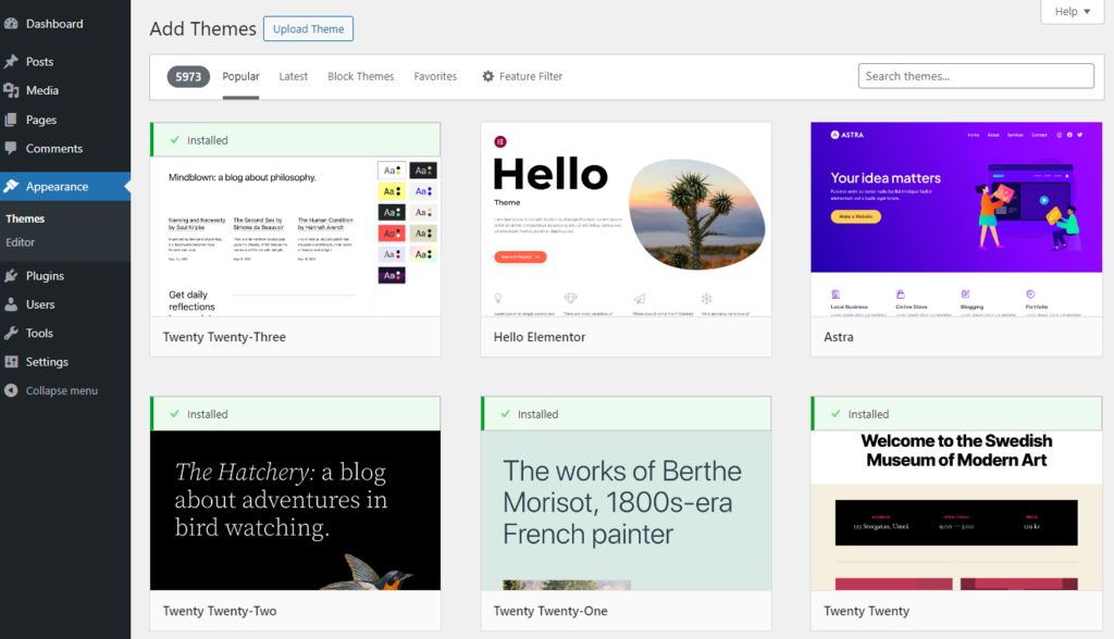 WordPress theme panel