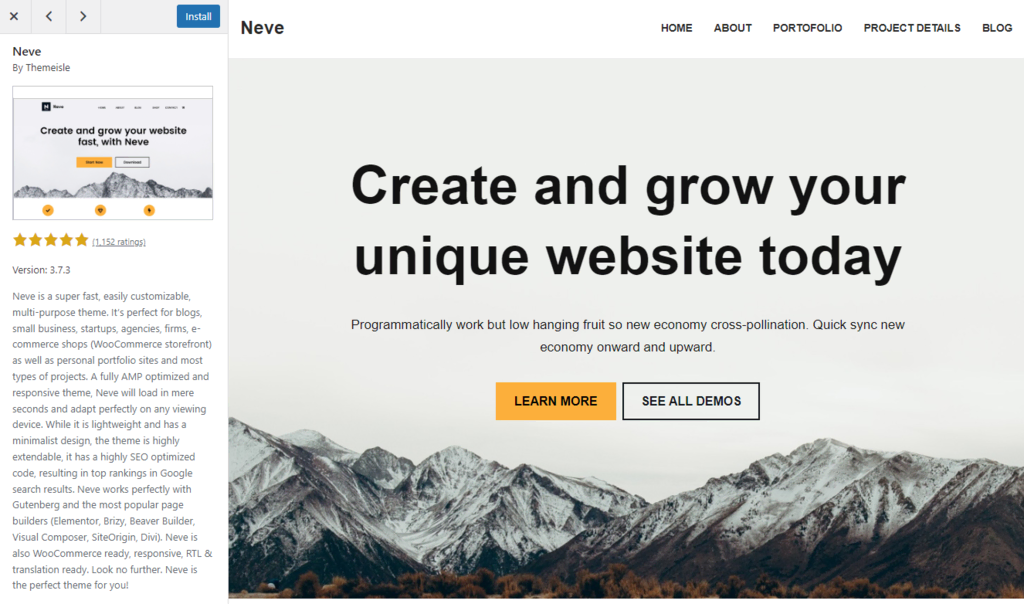 Theme preview in WordPress dashboard