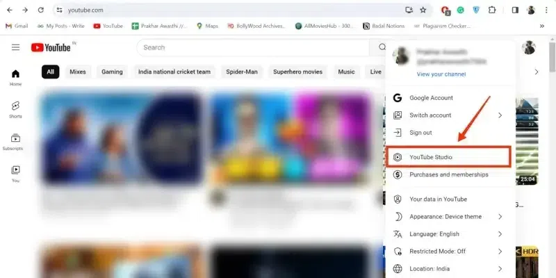 Open YouTube click on your profile to open the menu and choose “YouTube Studio” from the menu.