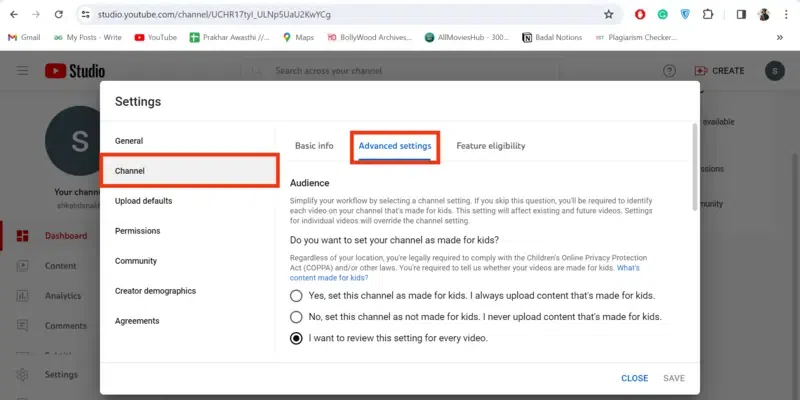 After hitting on the Settings button a dialog box will emerge on the screen, from it choose the Channel tab and click on Advanced Settings to handle it.