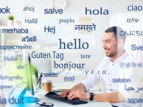 man with computer over words in foreign languages