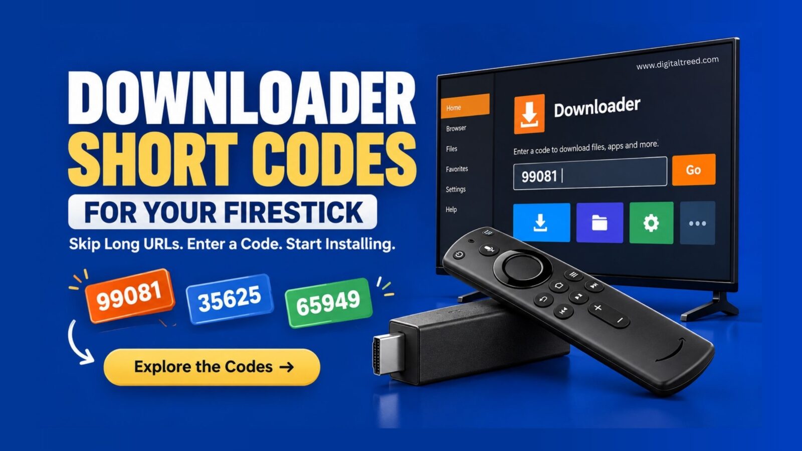 Firestick with a Downloader interface and numeric shortcut codes for quick app installation