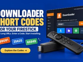 Firestick with a Downloader interface and numeric shortcut codes for quick app installation