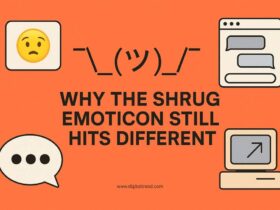 Illustration featuring the shrug emoticon ¯_(ツ)_/¯ with the headline "Why the Shrug Emoticon Still Hits Different" on an orange background, surrounded by icons representing old chat windows, speech bubbles, and a vintage computer—symbolizing digital nostalgia and text-based internet culture.
