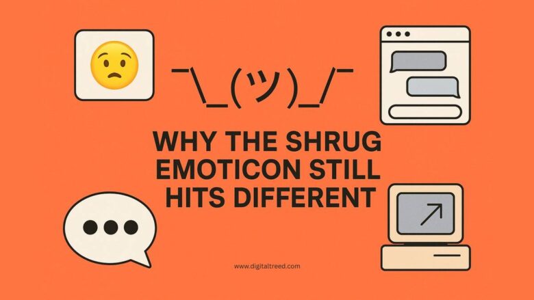 Illustration featuring the shrug emoticon ¯_(ツ)_/¯ with the headline "Why the Shrug Emoticon Still Hits Different" on an orange background, surrounded by icons representing old chat windows, speech bubbles, and a vintage computer—symbolizing digital nostalgia and text-based internet culture.