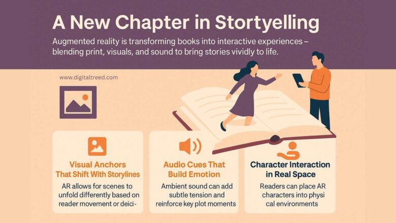 Infographic titled 'A New Chapter in Storytelling' highlighting how augmented reality transforms books into interactive experiences using visual anchors, emotional audio cues, and real-world character interaction.