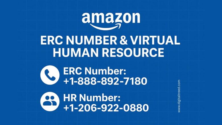 Graphic displaying Amazon ERC and HR contact numbers. Shows ERC number +1-888-892-7180 and HR number +1-206-922-0880 with phone and group icons on a blue background under the Amazon logo.
