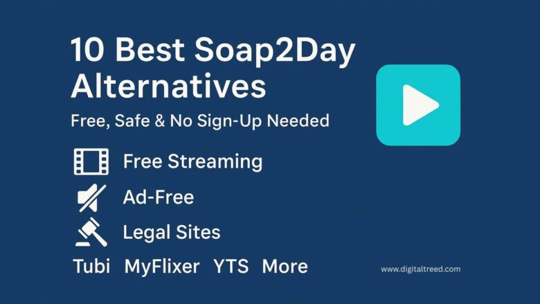 Top 10 Soap2Day alternatives for free, ad-free, and legal movie streaming in 2025 – includes platforms like Tubi, MyFlixer, YTS, and more with a blue play button icon.