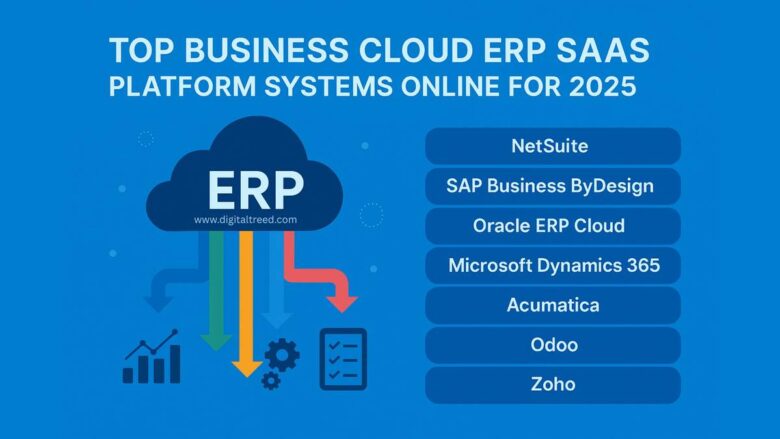 Infographic showcasing top business cloud ERP SaaS platforms online for 2025, including NetSuite, SAP Business ByDesign, Oracle ERP Cloud, and more.