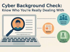 Illustration of a cyber background check process on a laptop screen with a magnifying glass over a user profile. The image emphasizes verifying identity through social media, news sources, and public records. Caption reads 'Know Who You're Really Dealing With'. Created by DigitalTreed.