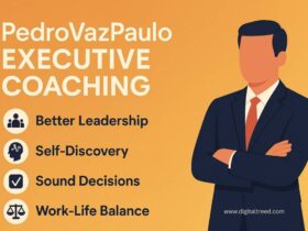 Promotional image for PedroVazPaulo Executive Coaching and Pedrovazpaulo Business Consultant, featuring a faceless business professional in a suit with arms crossed. Highlights benefits like better leadership, self-discovery, sound decisions, and work-life balance. Clean icons accompany each benefit, with an orange gradient background. Image by DigitalTreed.