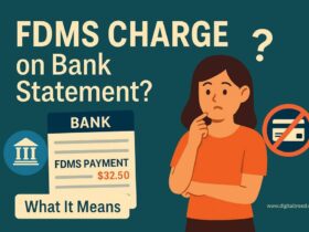 Illustration showing a bank statement with a highlighted "FDMS payment" entry, surrounded by icons of a credit card, shopping bag, calendar, and question mark to represent purchases, subscriptions, and confusion.