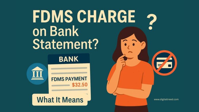Illustration showing a bank statement with a highlighted "FDMS payment" entry, surrounded by icons of a credit card, shopping bag, calendar, and question mark to represent purchases, subscriptions, and confusion.