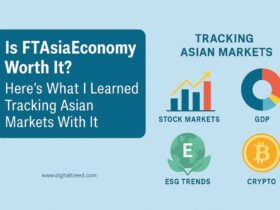 Infographic reviewing FTAsiaEconomy and its usefulness for tracking Asian markets. Highlights areas monitored: stock markets, GDP, ESG trends, and cryptocurrency. Features icons and text on a light blue background.