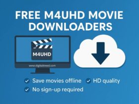 Infographic promoting free M4UHD movie downloaders. Features include saving movies offline, no sign-up required, and HD quality. Visual elements include a computer screen with a movie clapper icon labeled 'M4UHD' and a cloud download icon on a blue background.