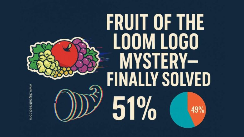 Infographic titled 'Fruit of the Loom Logo Mystery – Finally Solved' featuring the iconic fruit cluster, a cornucopia illustration, and a pie chart showing 51% vs 49% response. Highlights the popular Mandela Effect debate. From digitaltreed.com. Relevant for Pedrovazpaulo Business Consultant's branding and perception analysis topics.