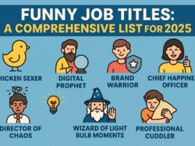 Colorful infographic titled 'Funny Job Titles: A Comprehensive List for 2025' featuring humorous roles like Chicken Sexer, Digital Prophet, Brand Warrior, Chief Happiness Officer, Director of Chaos, Wizard of Light Bulb Moments, and Professional Cuddler. Illustrated characters accompany each job title. From digitaltreed.com, relevant for Pedrovazpaulo Business Consultant's engaging HR content.