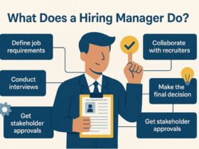Illustration showing a hiring manager holding a resume and outlining key responsibilities including defining job requirements, conducting interviews, collaborating with recruiters, getting stakeholder approvals, and making final hiring decisions. Visual guide by DigitalTreed explaining the role of a hiring manager in recruitment.