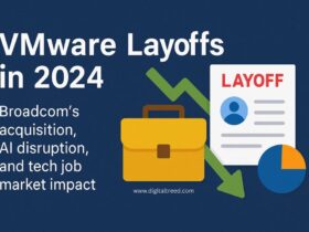 Illustration about VMware layoffs in 2024 showing a downward trending arrow, a briefcase, and a layoff notice. The image highlights job cuts resulting from Broadcom's acquisition of VMware, AI disruption, and its impact on the tech job market. Created by DigitalTreed.