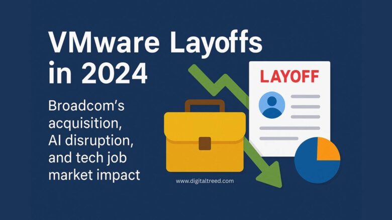 Illustration about VMware layoffs in 2024 showing a downward trending arrow, a briefcase, and a layoff notice. The image highlights job cuts resulting from Broadcom's acquisition of VMware, AI disruption, and its impact on the tech job market. Created by DigitalTreed.