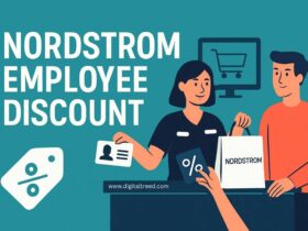 Illustration of a Nordstrom employee assisting a customer at checkout, highlighting the Nordstrom employee discount program. Visual elements include a discount percentage icon, employee ID card, and Nordstrom shopping bag. The image promotes employee benefits such as retail discounts, presented by DigitalTreed.