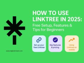 Guide on how to use Linktree in 2025, featuring setup steps, key features with pricing, and mobile usage tips on a green background with icons.