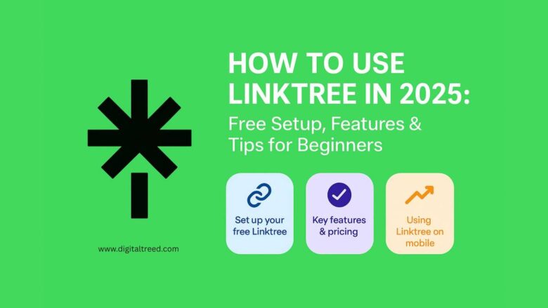 Guide on how to use Linktree in 2025, featuring setup steps, key features with pricing, and mobile usage tips on a green background with icons.