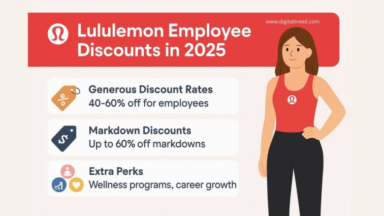 Infographic detailing Lululemon employee discounts in 2025. Highlights include 40–60% off for employees, up to 60% off markdowns, and extra perks like wellness programs and career growth. Features an illustration of a female employee wearing Lululemon attire and a red banner headline.