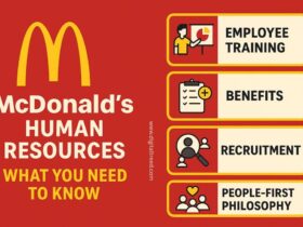 McDonald's human resources infographic outlining key areas: employee training, benefits, recruitment, and a people-first philosophy, on a red background with the McDonald's logo.